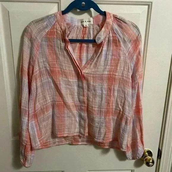 Anthropologie Cloth & Stone Shirred Raglan Blouse Plaid Size XS - Picture 3 of 6